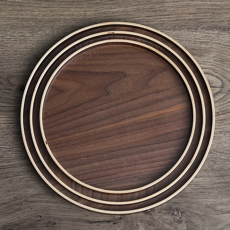 日式黑胡桃色圆形托盘木盘子简约木质水果干果盘茶盘酒店用品