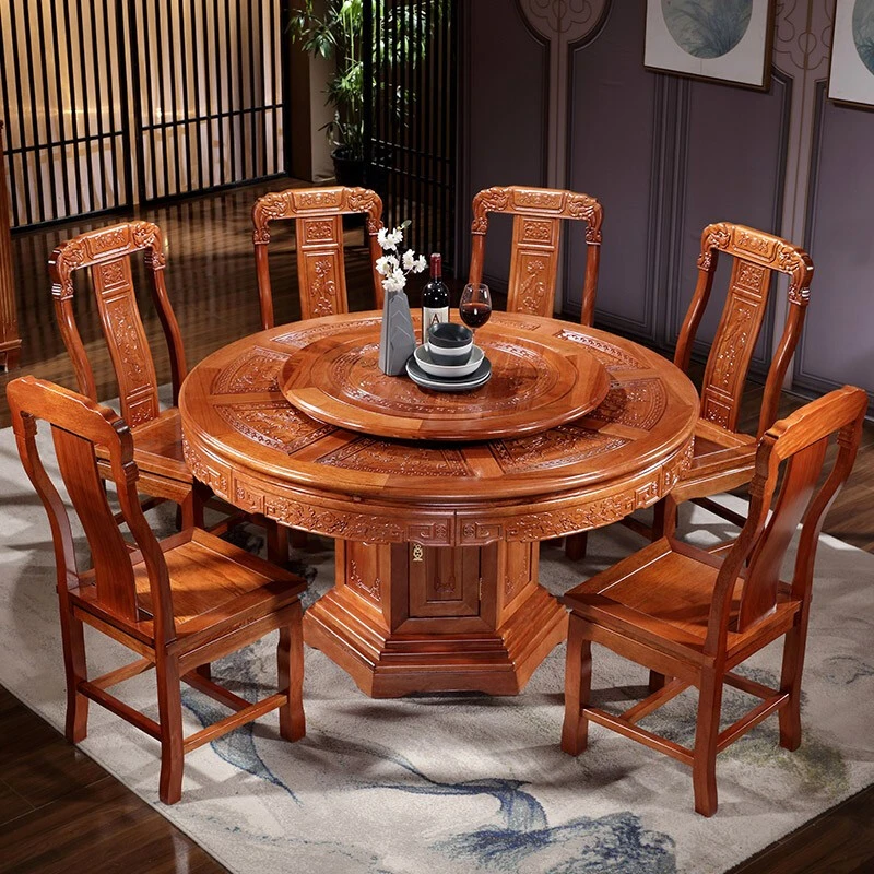 全实木餐桌椅组合中式仿古格木雕花圆桌家用圆形吃饭桌子