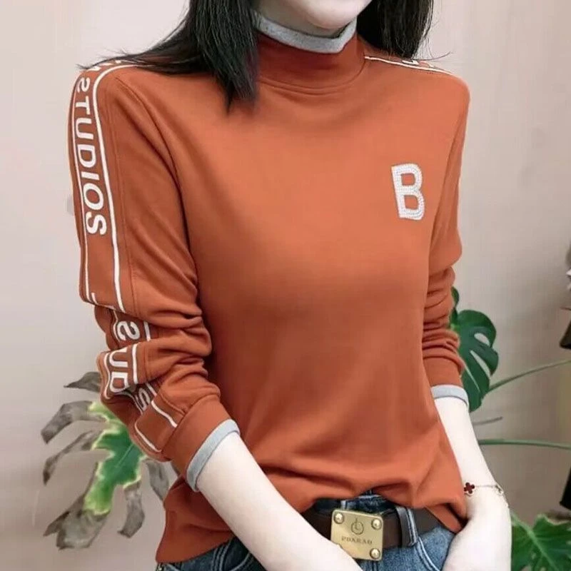 新款双面绒半高领打底衫女秋冬新款显瘦保暖衣时尚百搭长袖上衣