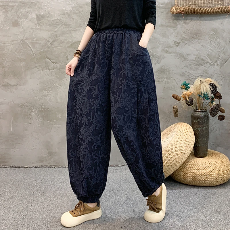民族中老年人新款裤子大码萝卜灯笼裤妈妈宽松提花哈伦时尚休闲裤