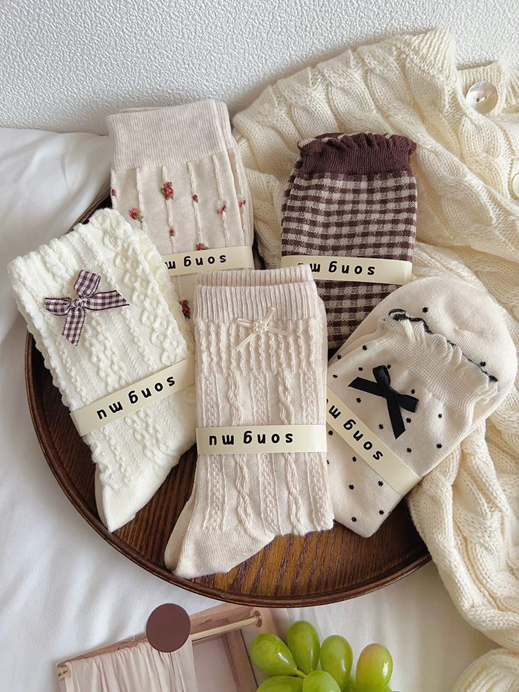 蝴蝶结袜子女中筒袜songmu棉春秋季甜美小众款堆堆袜女搭配小皮鞋