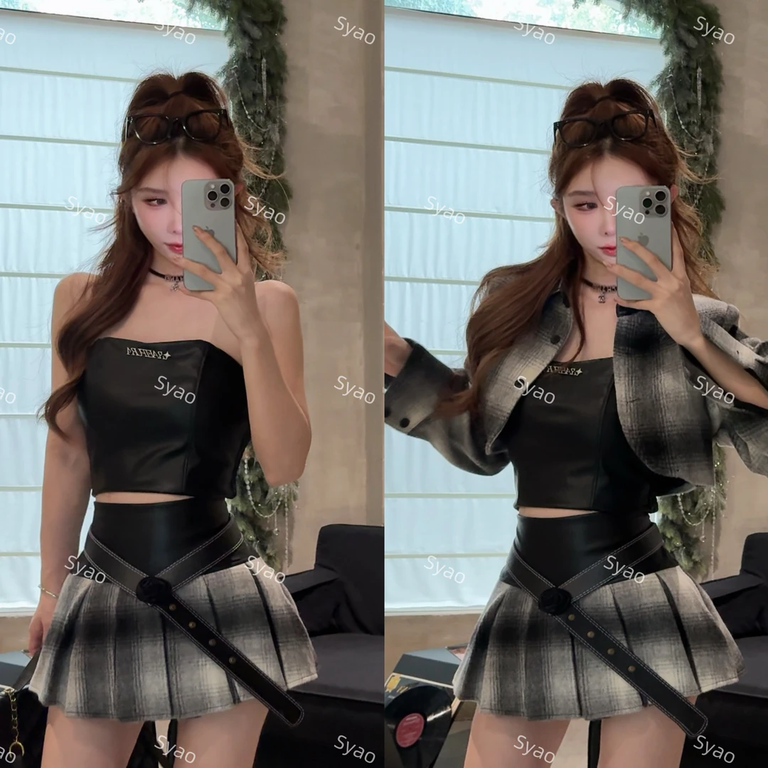 思瑶【打破秩序】短款皮抹胸上衣搭格纹毛呢外套拼接半裙#0856