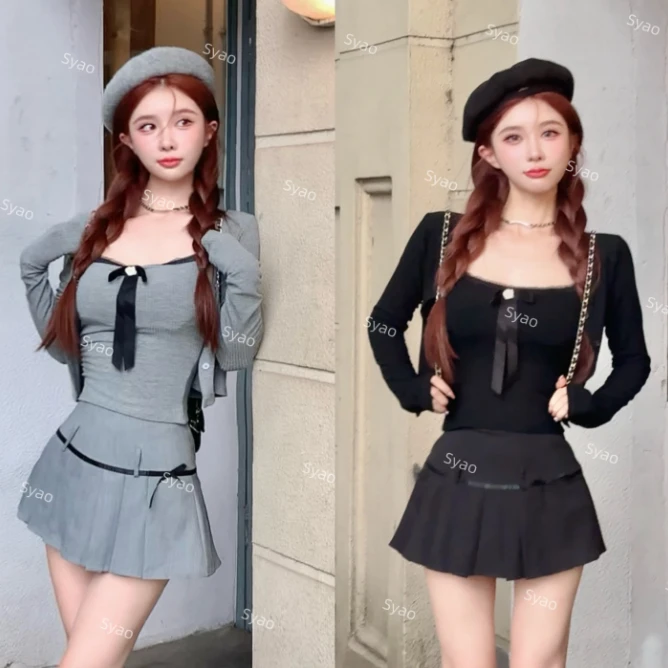 思瑶【沉溺温柔】蝴蝶结吊带开衫搭高腰百褶裙#D004