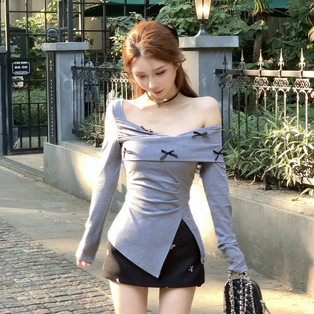 思瑶【海岸的风】斜肩不规则蝴蝶结开衩长袖上衣搭A摆半身裙#0870