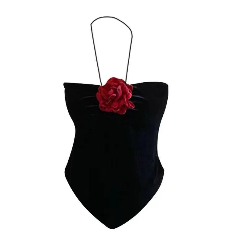 丝绒立体花朵挂脖吊带背心#S253