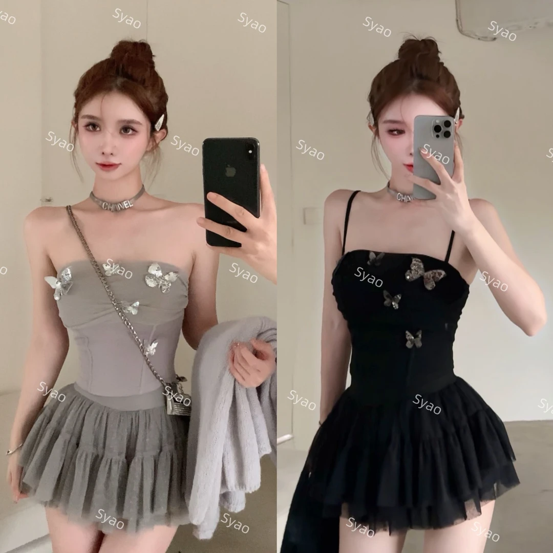 思瑶【蝴蝶千金】亮片蝴蝶吊带上衣波点网纱半裙搭针织外套#0825