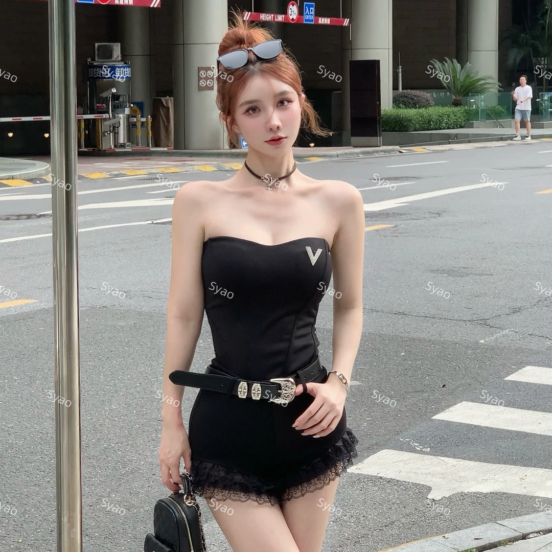 思瑶【欲调辣妹】立体鱼骨束身收腰抹胸背心搭蕾丝拼接短裤#0688