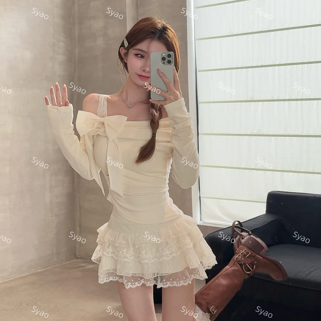 思瑶【恋爱笔记】杏色系带蝴蝶结露肩上衣搭蕾丝半身裙#0843
