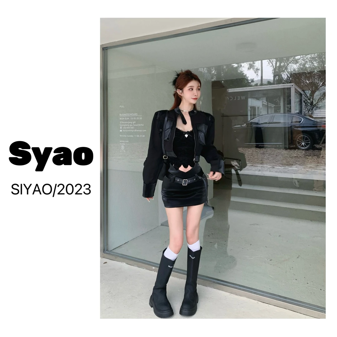 【思瑶Studio】黑色短款长袖拉链外套包臀半身裙套装#0342