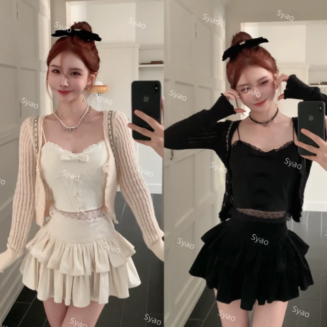 思瑶【心碎小猫】蝴蝶结收腰抹胸吊带搭软糯针织开衫蛋糕蓬蓬裙0745