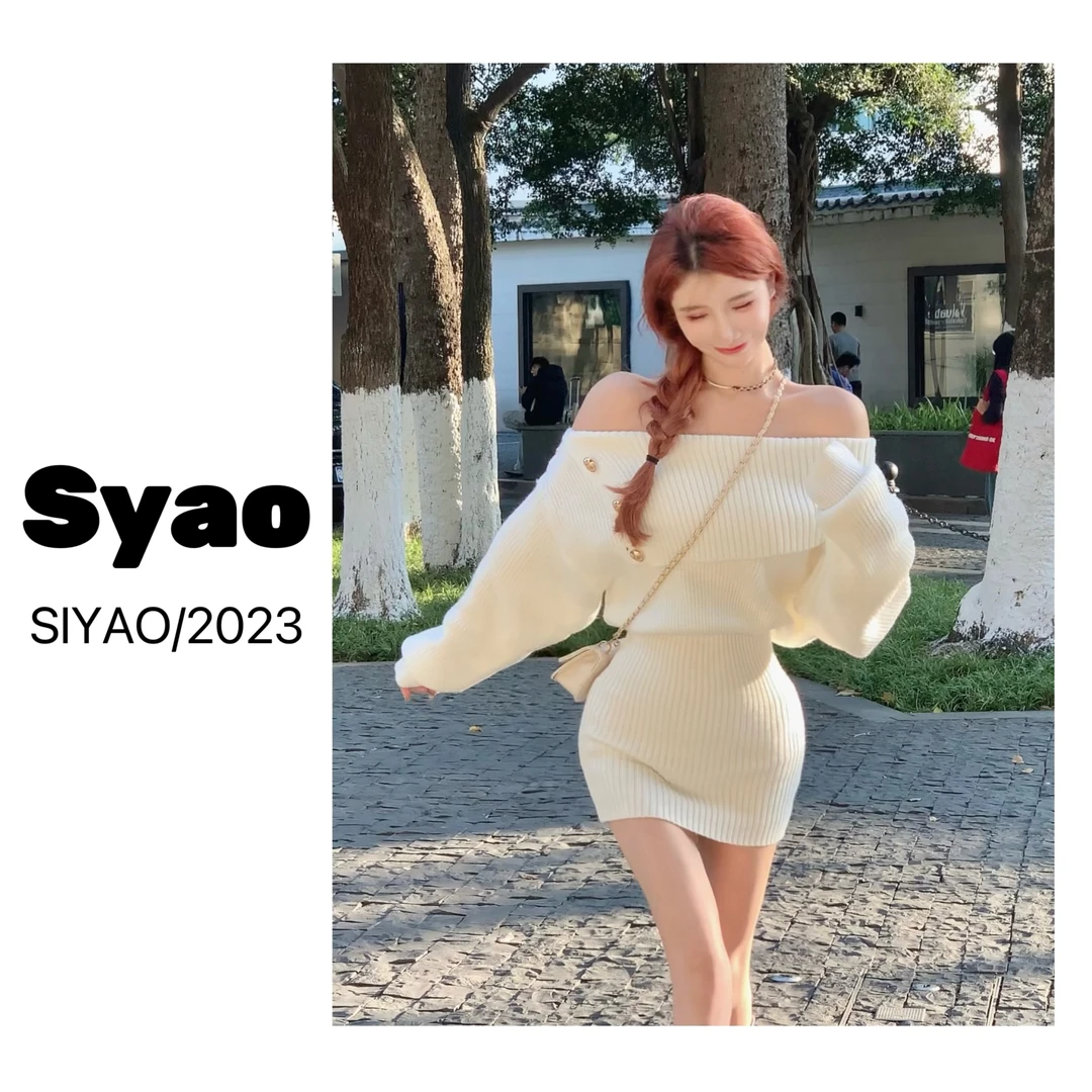 【思瑶Studio】一字肩毛衣连衣裙秋冬内搭长袖针织裙#0440