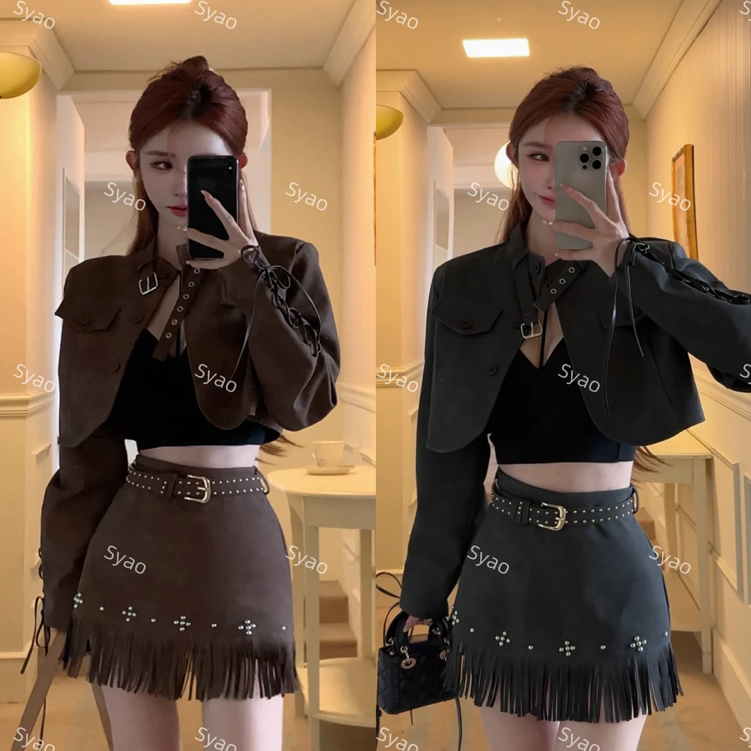 思瑶【人间清醒】短款机车设计感皮衣搭流苏半身裙#0768