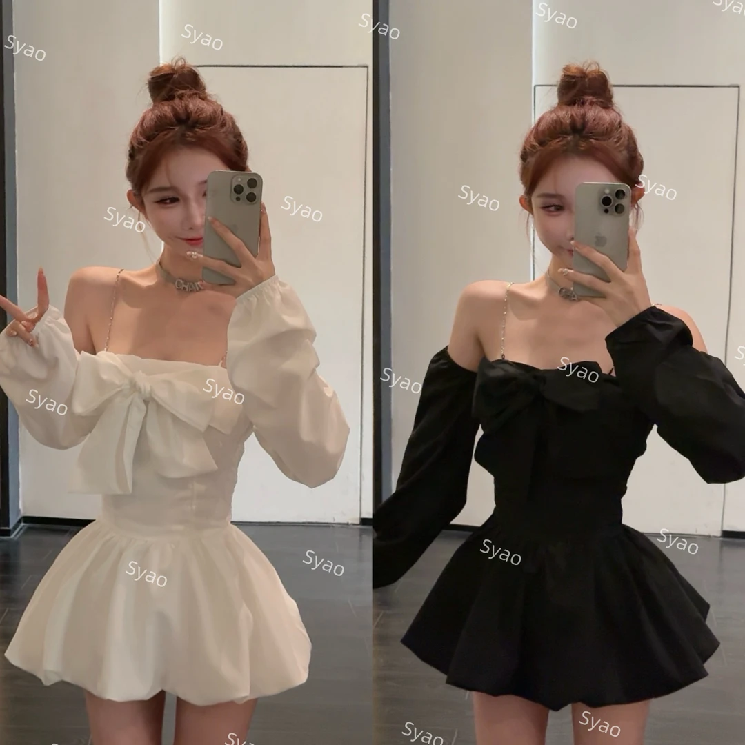 思瑶【纯欲达人】一字肩链条蝴蝶结套袖连衣裙搭短裤两件套#D008