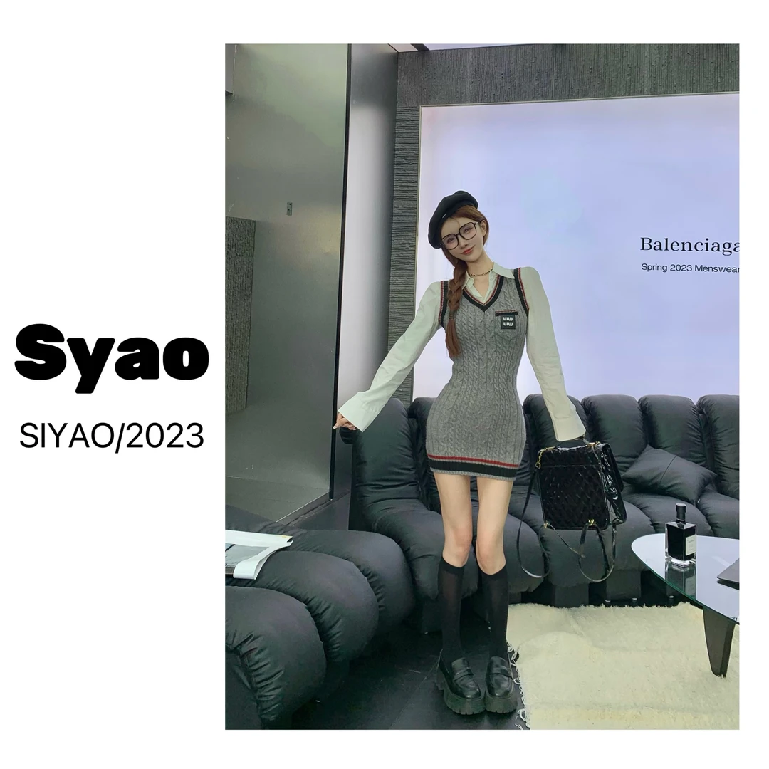 【思瑶Studio】学院风套装长袖衬衫早秋针织无袖背心连衣裙套装0337