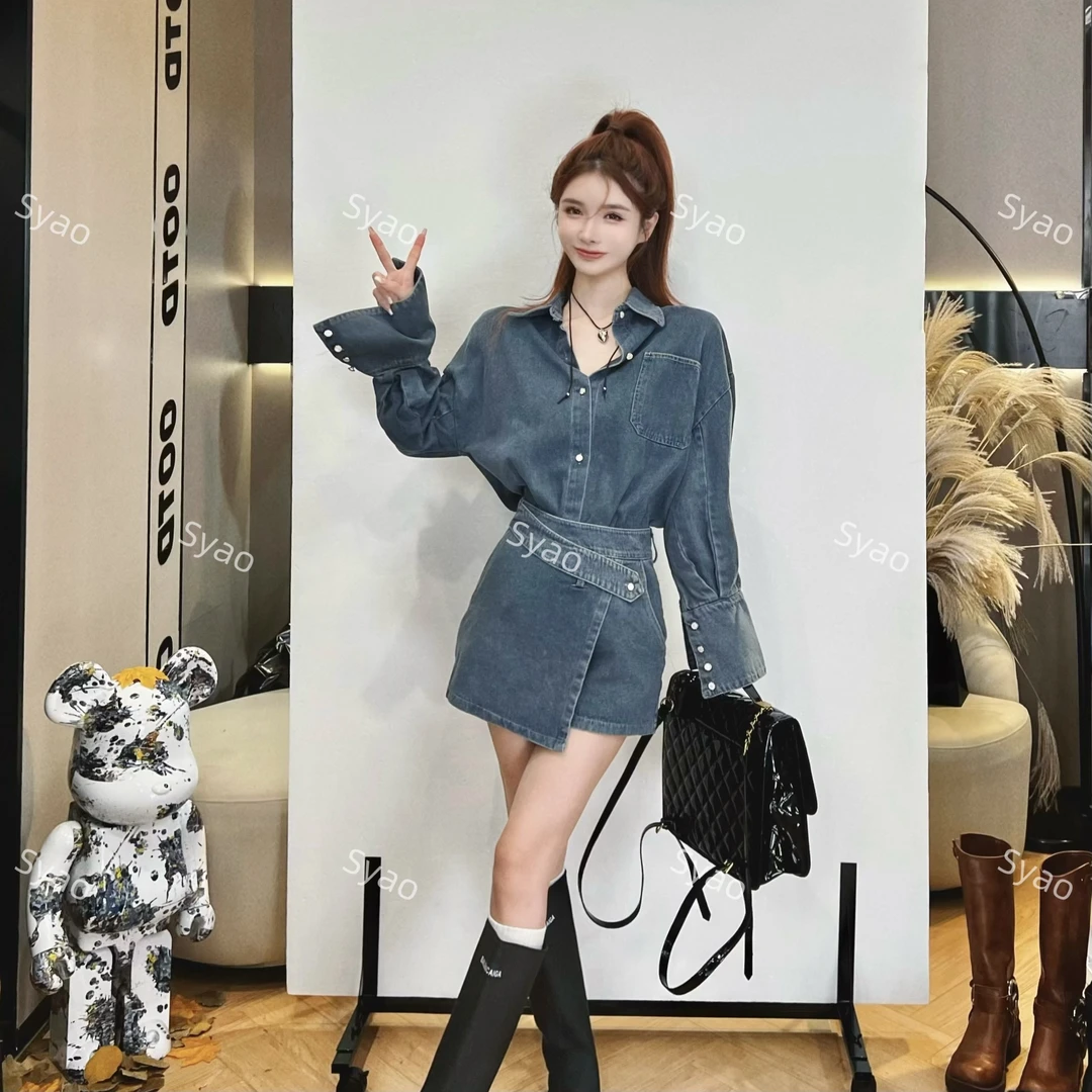 思瑶【老朋友】港风复古牛仔外套不规则高腰半身裙两件套#0320