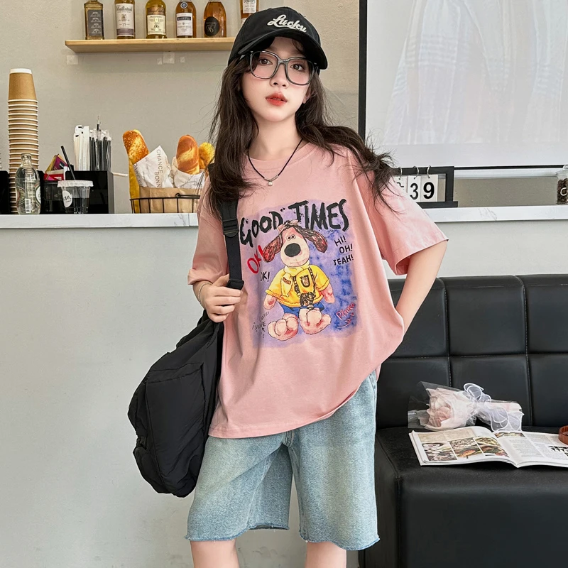 女童夏季网红短袖t恤宽松小女孩卡通圆领t恤8-15岁中大童百搭半袖