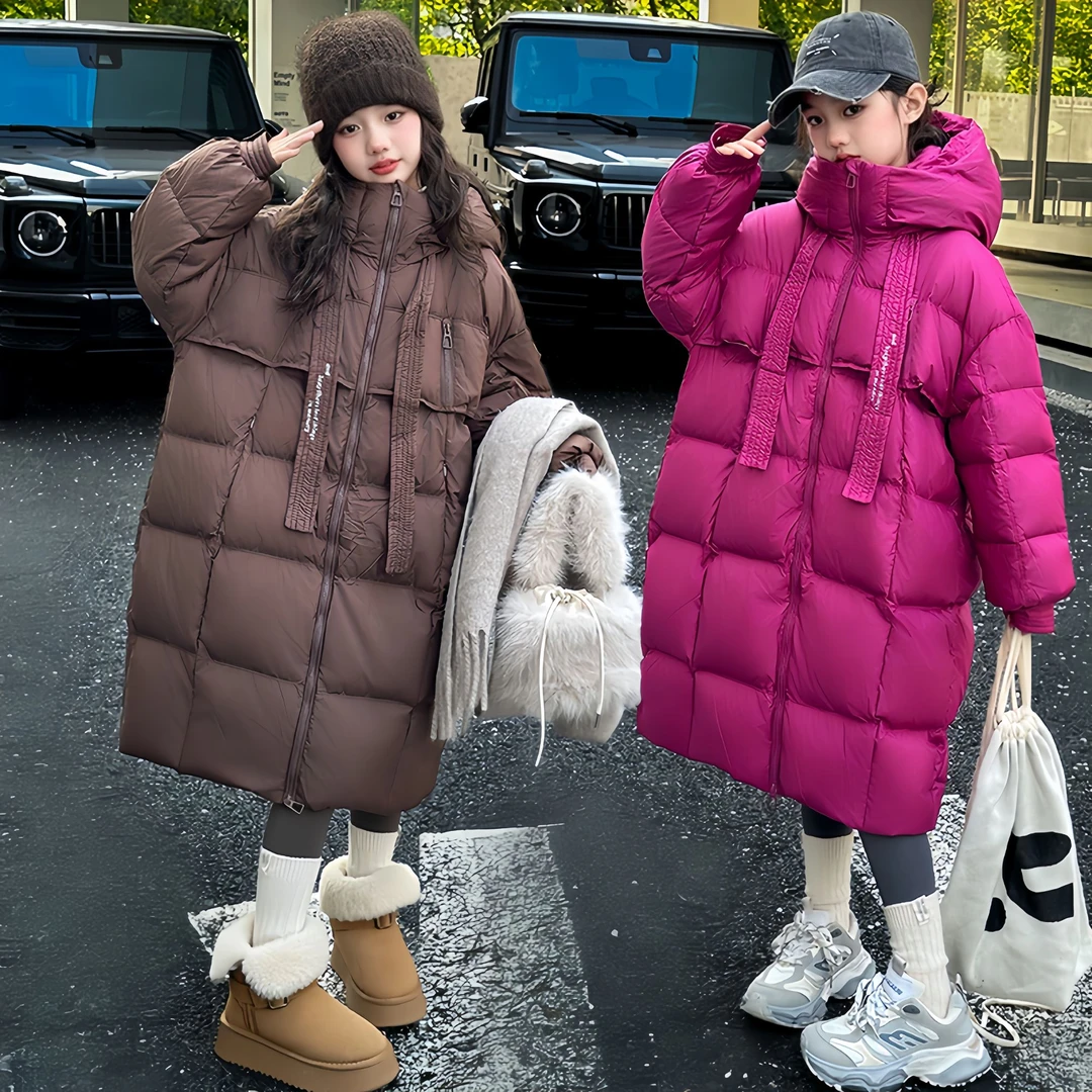 女童中长款羽绒服冬季新款2024潮流中大童韩版加厚过膝白鸭绒外套