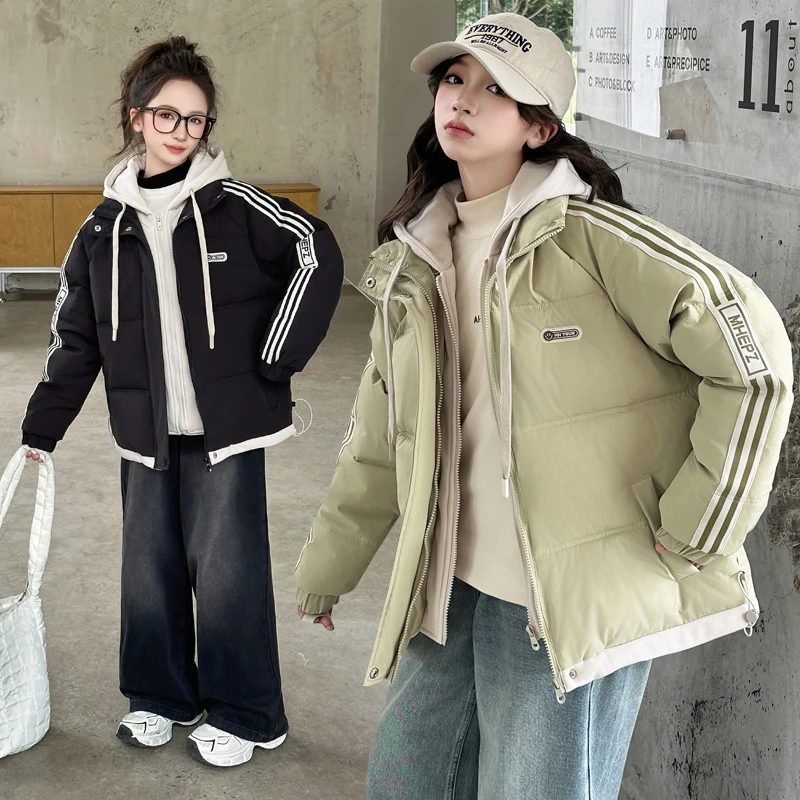 女童冬装保暖加厚外套2024新款洋气中大童学生冬季假两件连帽棉服