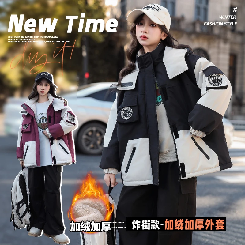 女童冬装加绒加厚外套2024新款12到15岁中大童秋冬保暖防风派克服