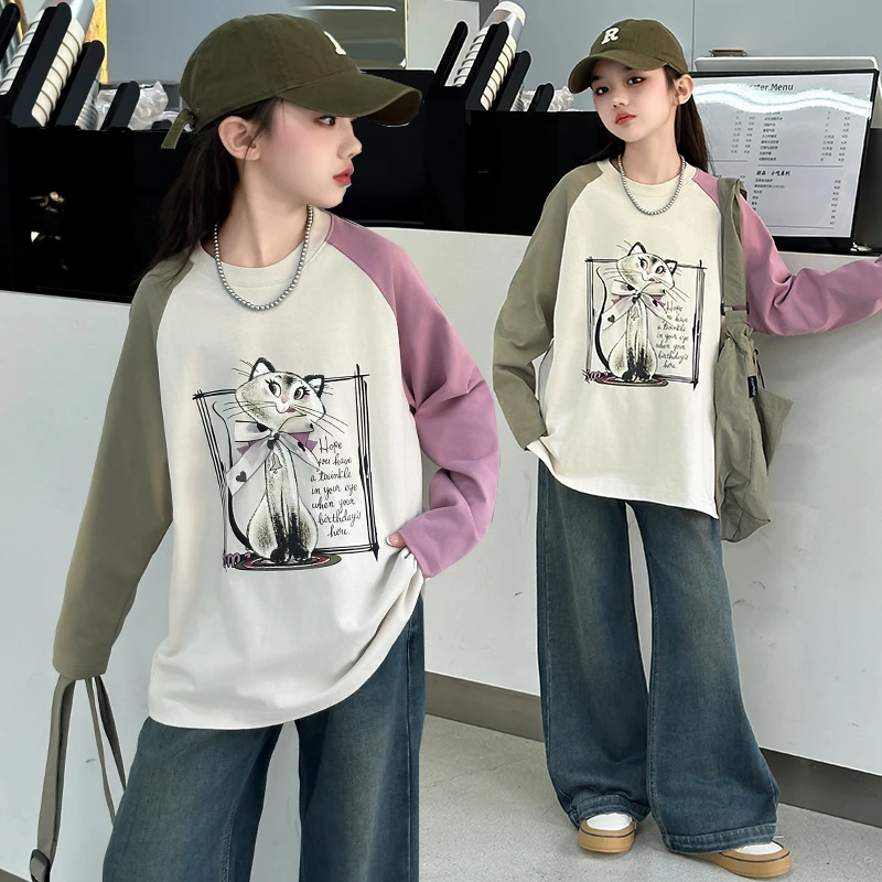 女童秋装卫衣套装2024新款儿童宽松圆领长袖中大童休闲牛仔阔腿裤