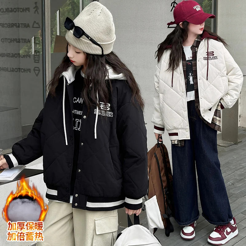 女童外套秋冬装新款儿童二棉棉服冬季6-12岁中大童加厚棒球服潮款