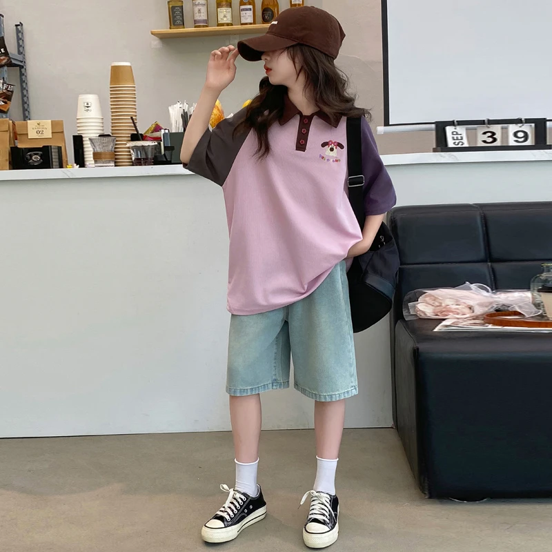 女童夏装洋气儿童polo衫短袖新款中大童学生夏季薄款宽松休闲短裤