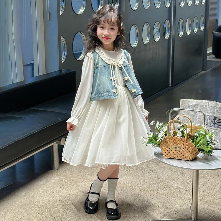 女童中国风洋气连衣裙儿童春秋纯色公主裙中大童两件套