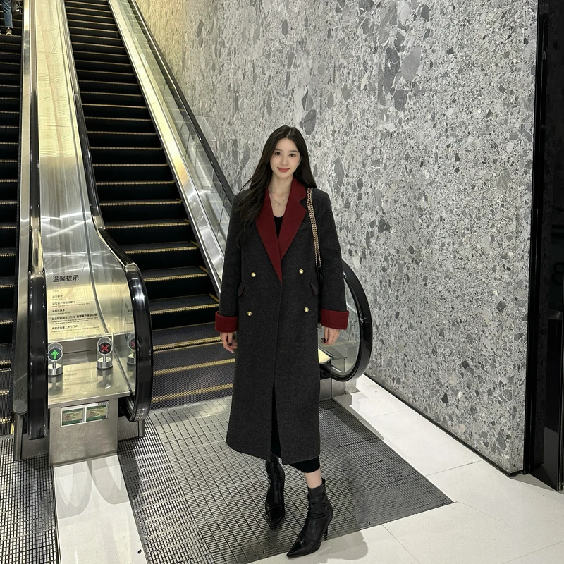 LiixuBK冬季撞色时尚宽松加厚过膝中长款羽绒毛呢大衣L48YR024