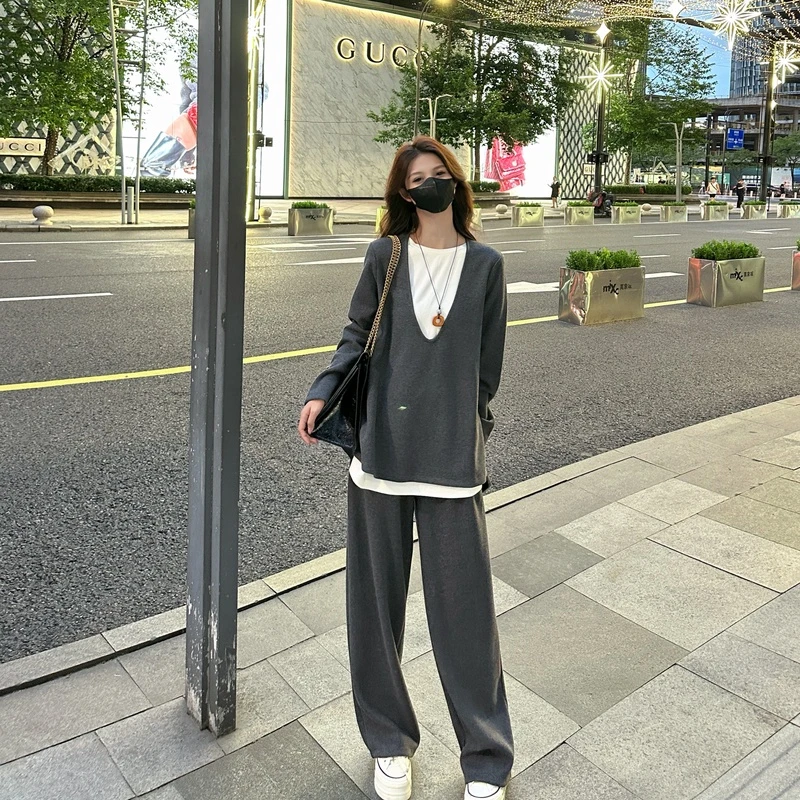 BT【24TZ138】Liixu春款日韩简约时尚假两件撞色上衣休闲长裤两件套