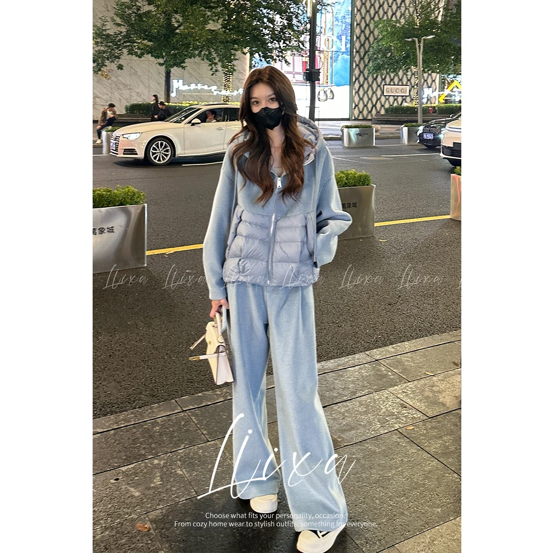 Liixu冬季新款拼接羽绒服女保暖白鸭绒外套休闲裤两件套L48TZ030