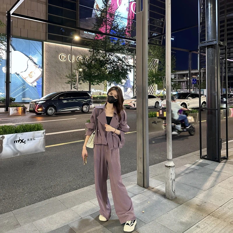 【小呆鸟专享】春季休闲时尚上衣显瘦气质阔腿裤套装三件套24TZ127