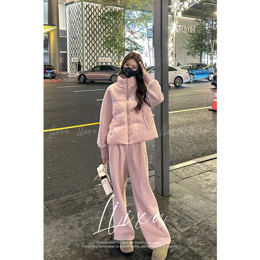 Liixu秋冬立领休闲90白鸭绒羽绒服外套女阔腿裤套装L48TZ018