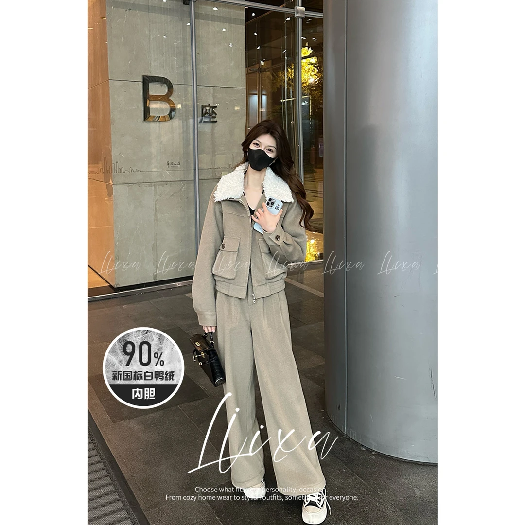 LiixuSP冬季新款时尚洋气翻领休闲外套百搭阔腿裤羽绒套装