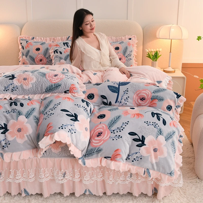 秋冬季夹棉牛奶绒床毛绒盖款四件套床上用品床单加绒加厚被套宿舍