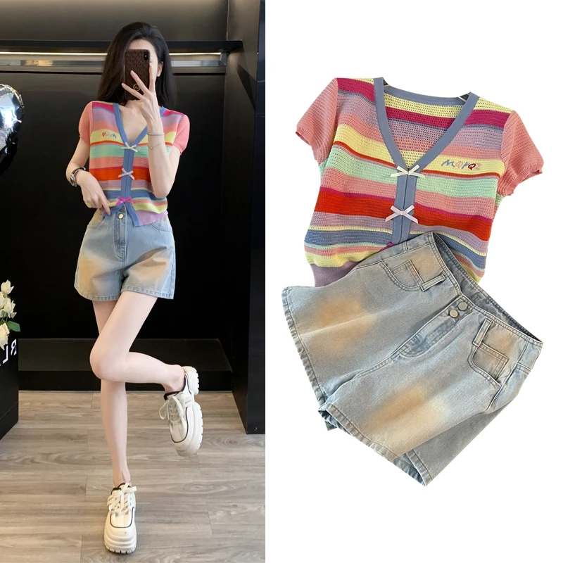 多巴胺服装穿搭套装小个子穿搭一整套条纹针织衫牛仔洋气两件套女