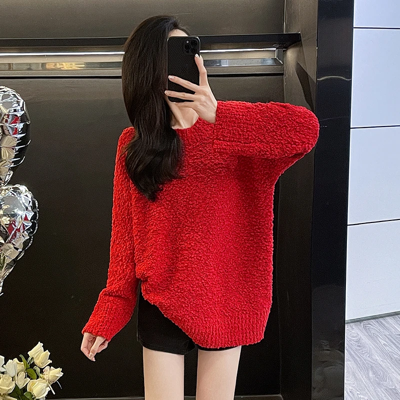 新年红色圣诞圈圈绒软糯宽松大毛衣慵懒风中长款圆领针织红色毛衣