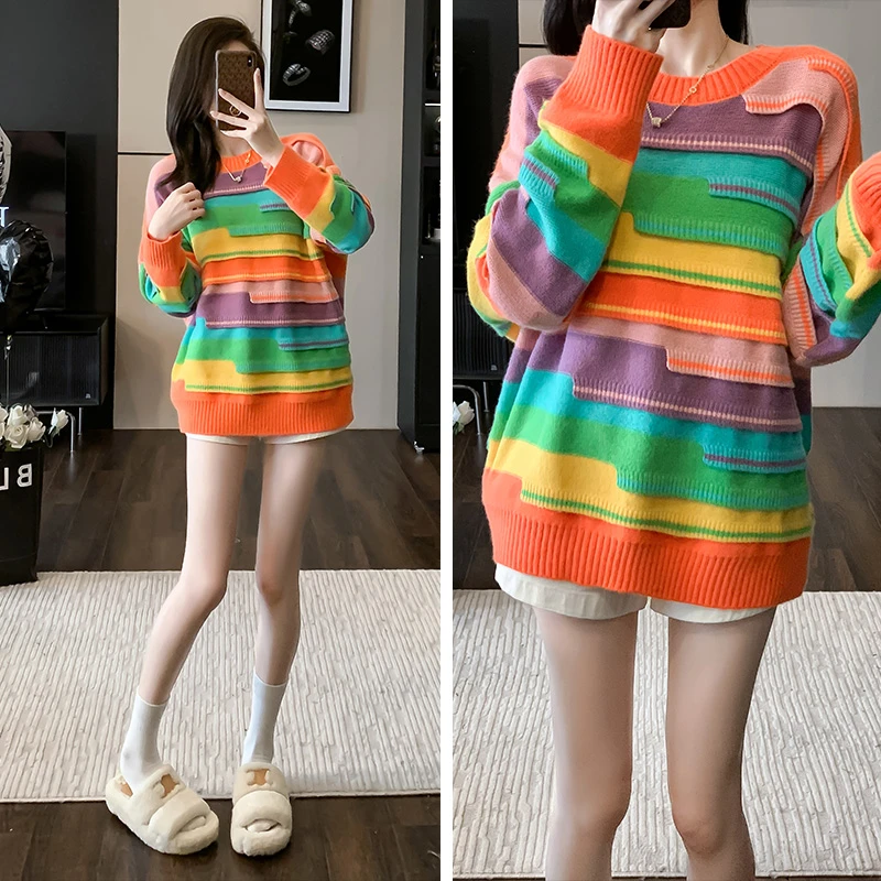 韩糸冬装多巴胺彩虹条纹毛衣女上衣慵懒风圆领针织衫大版毛衣长袖