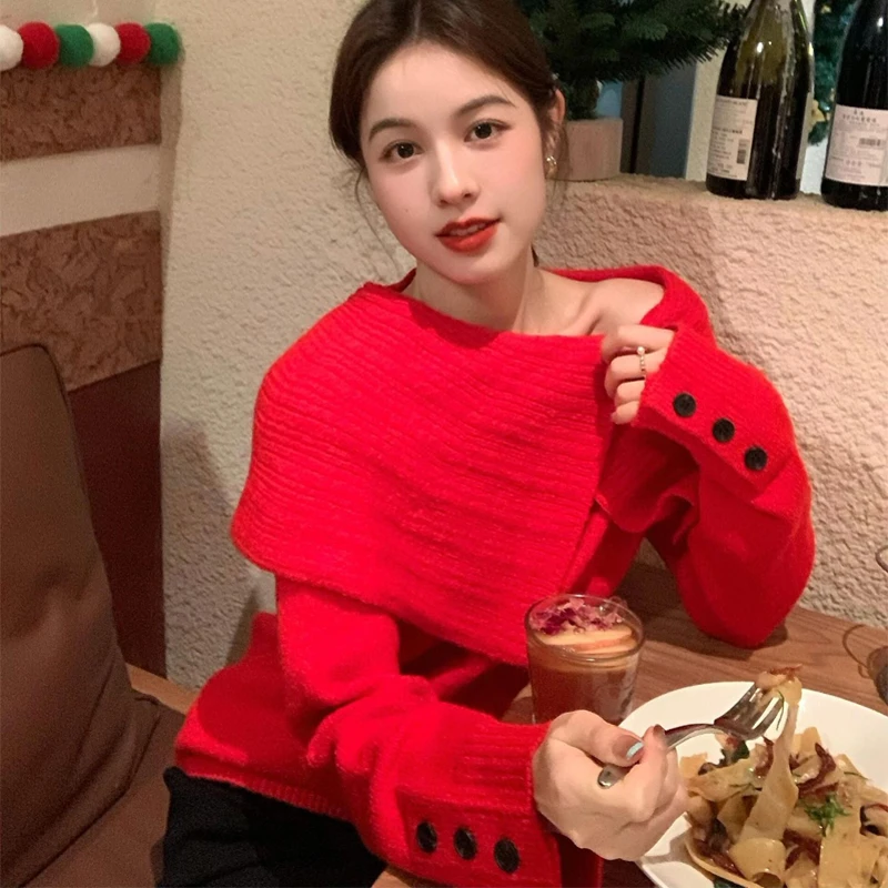 圣诞节一字肩大翻领女秋冬新款高级感露肩气质一字肩新款红色毛衣