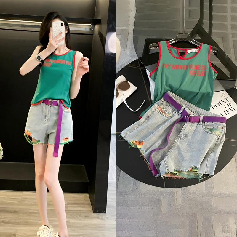 小个子网红辣妹背心无袖上衣时尚套装洋气高腰毛边牛仔短裤女夏季