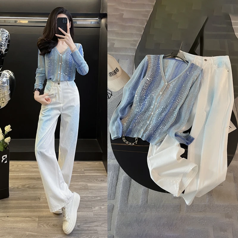 设计感洋气长袖V领针织衫气质套装春秋减龄显瘦高腰牛仔裤两件套