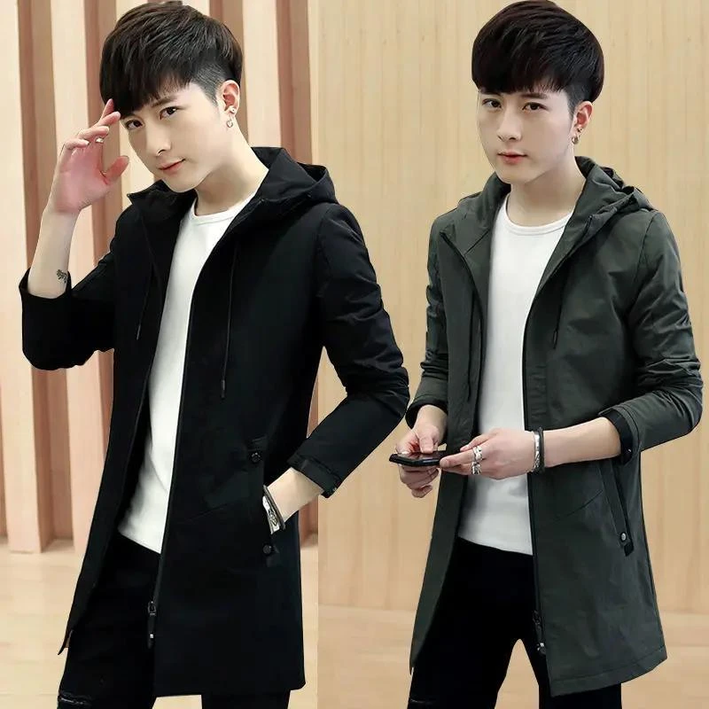 爆款风衣男潮牌外套秋冬季中长款夹克加绒加厚款连帽韩版学生潮流