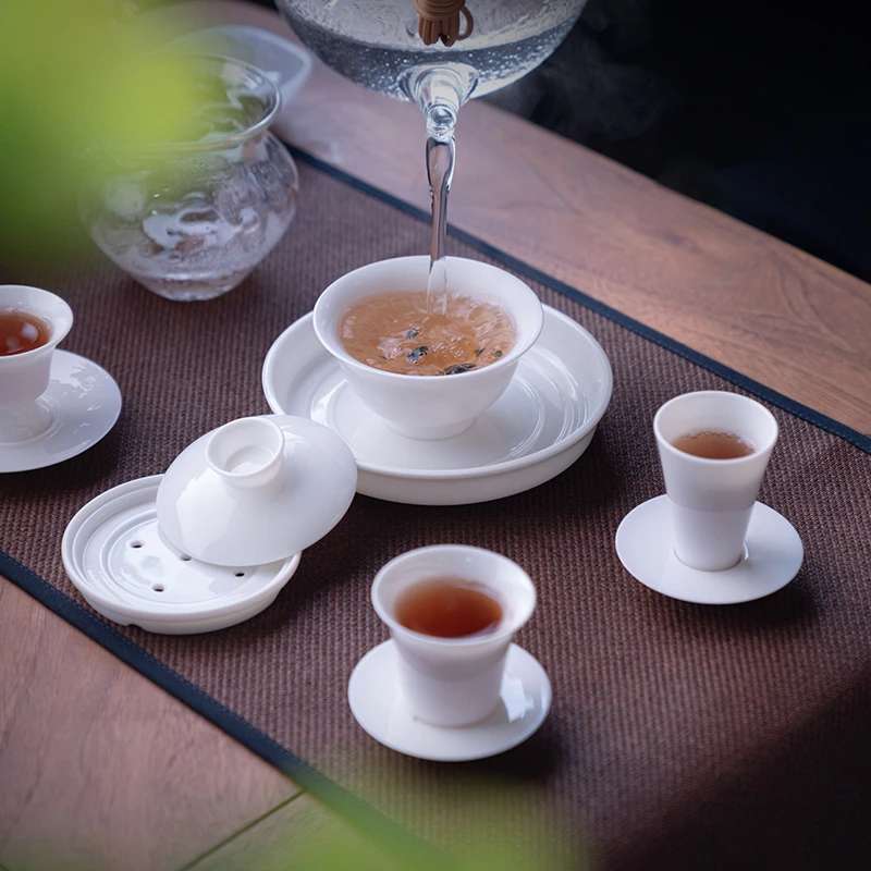 羊脂玉白瓷三才盖碗茶杯单个功夫茶具闻香杯德化猪油白小号泡茶碗