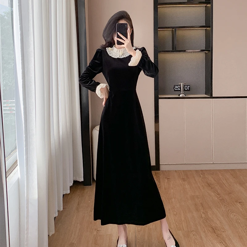 荷叶边钉珠丝绒拼接设计感减龄连衣裙长袖气质法式赫本风