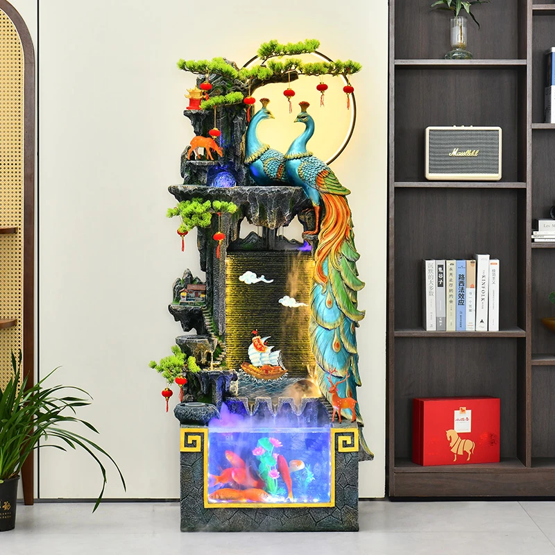 中式雅致孔雀喷泉摆件流水假山客厅办公室茶室开业礼物装饰景观