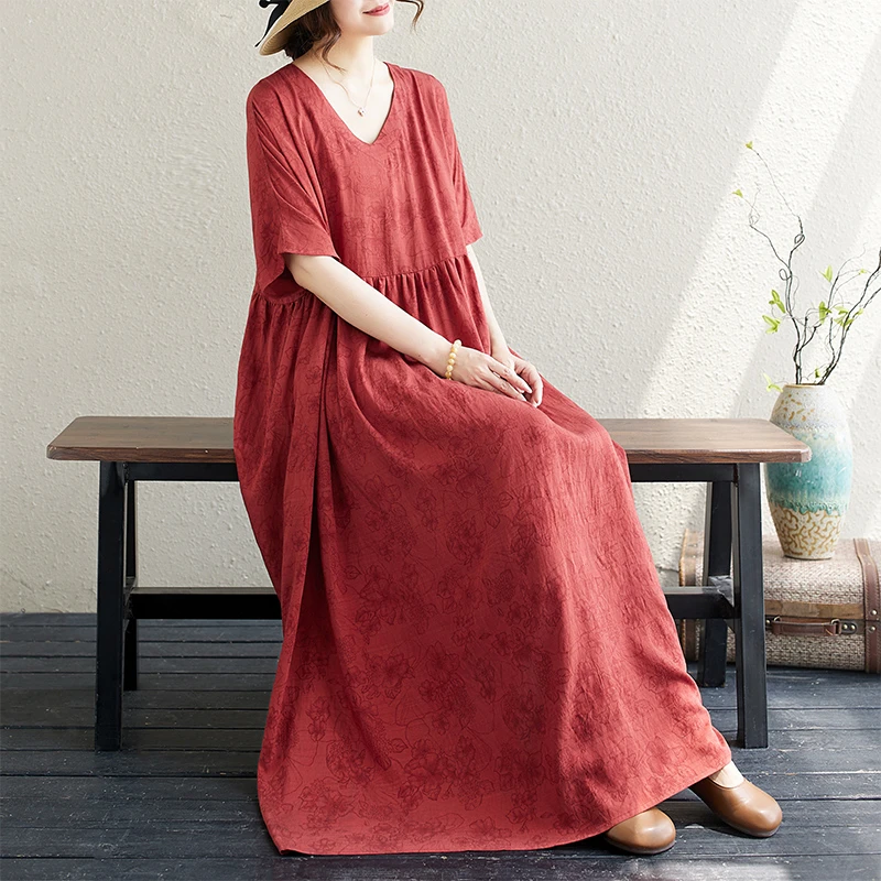 洋气复古200斤夏季新品棉麻连衣裙大码女装宽松旅行v领胖mm长裙潮
