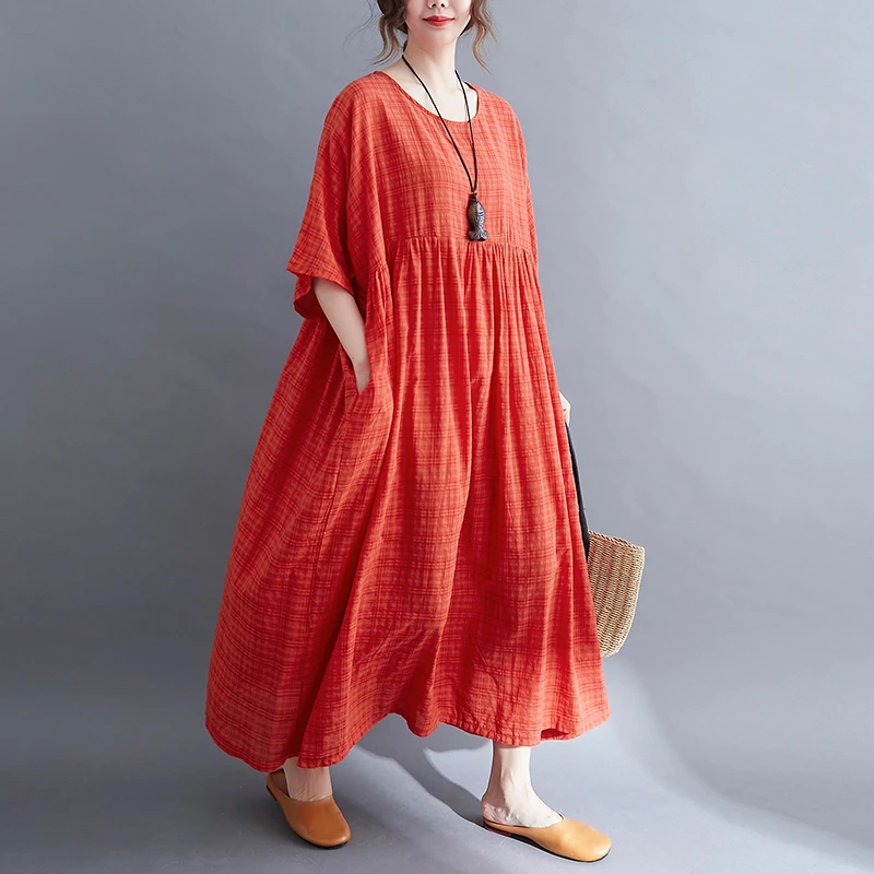 200斤大码女装胖mm棉麻宽松连衣裙夏季格子遮肚子减龄洋气长裙子