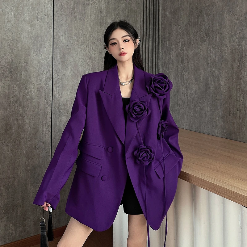 洋气时尚百搭立体花朵重工西装外套女小众设计高级感垫肩西服外套