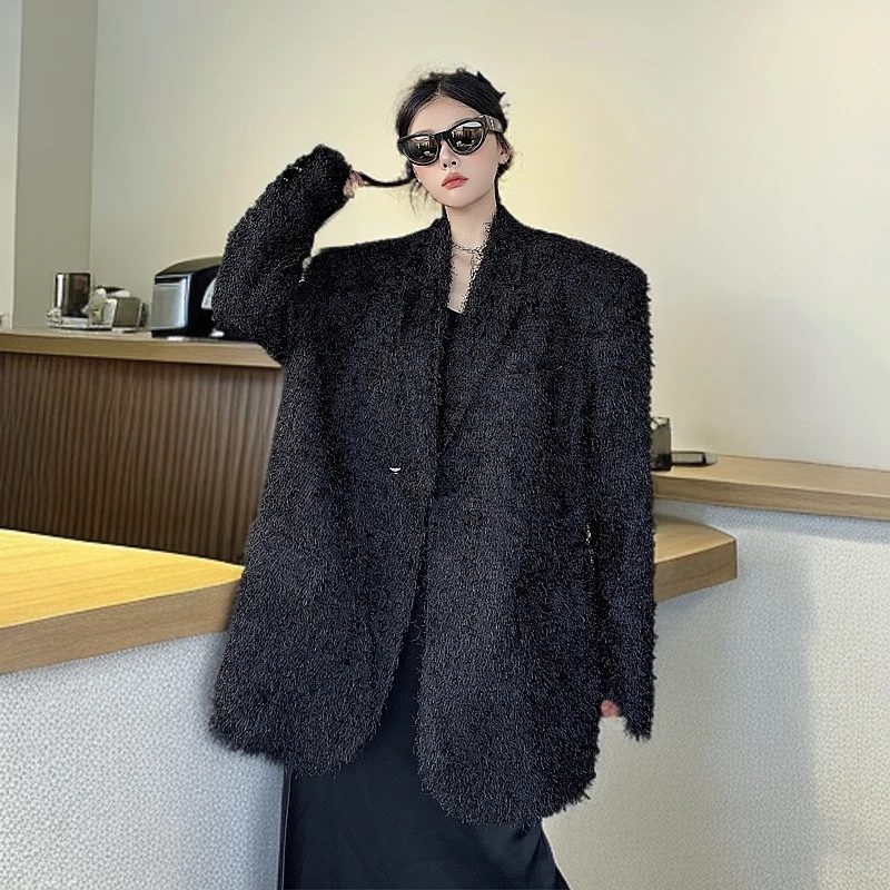 洋气设计感冬季毛毛外套气质慵懒风正肩西装宽松廊形减龄休闲西服