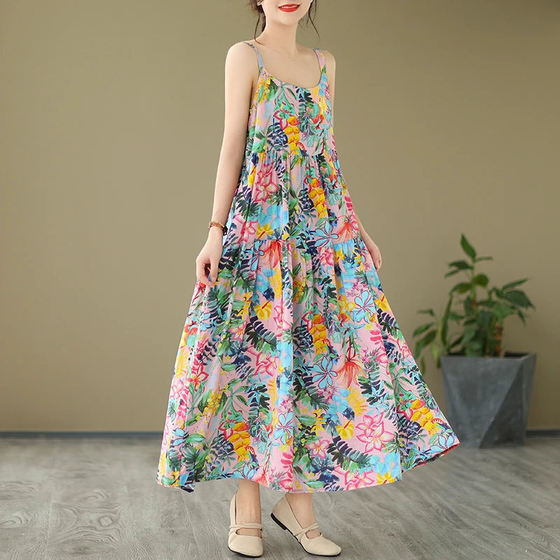 微胖mm碎花吊带长裙女装三亚海边度假沙滩裙云南旅游印花连衣裙