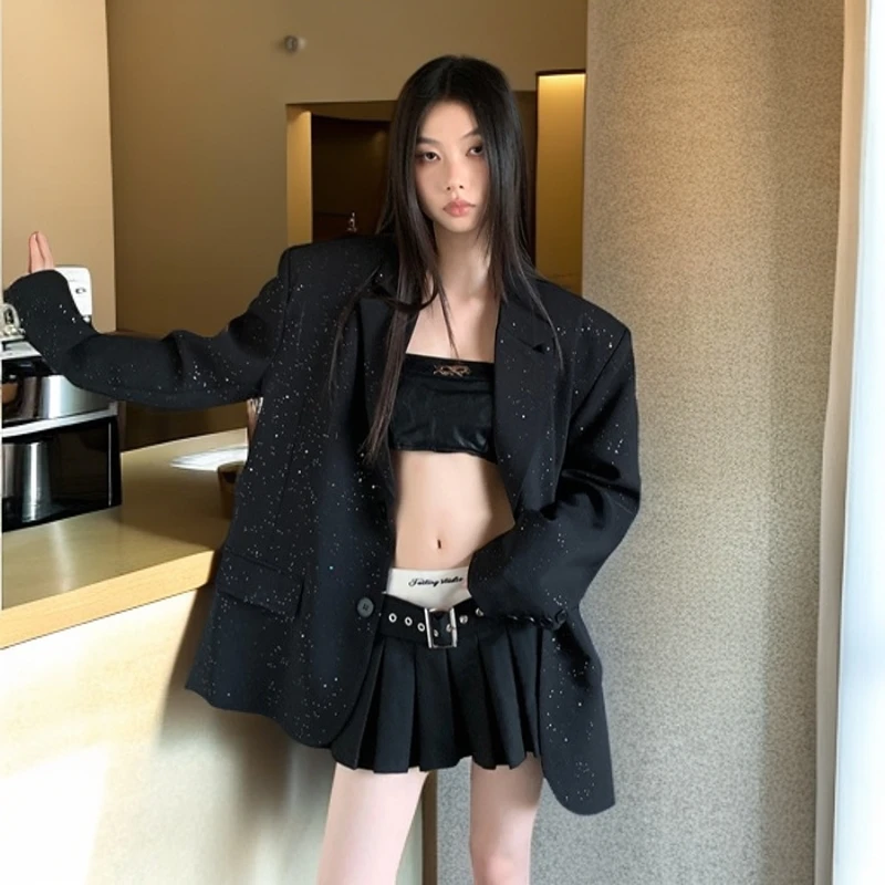 洋气炸街设计感亮片秋季轻奢西装高级感小黑色品质女装